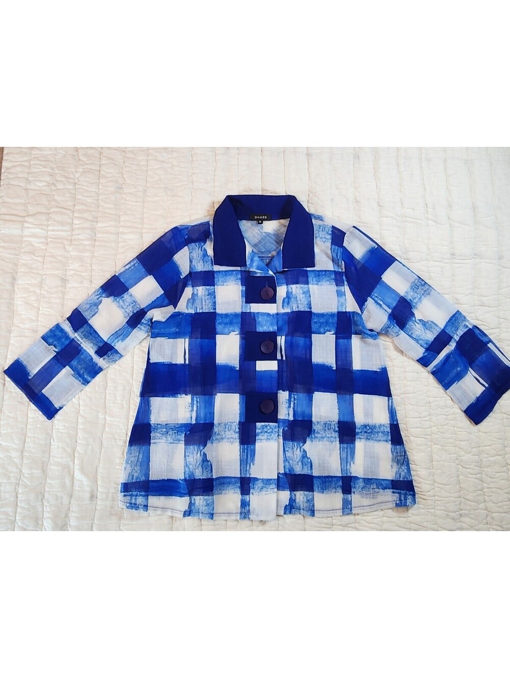 Damee Womens Mesh Stretch Jacket Blue White Plaid Wired Collar Button NWOT Med